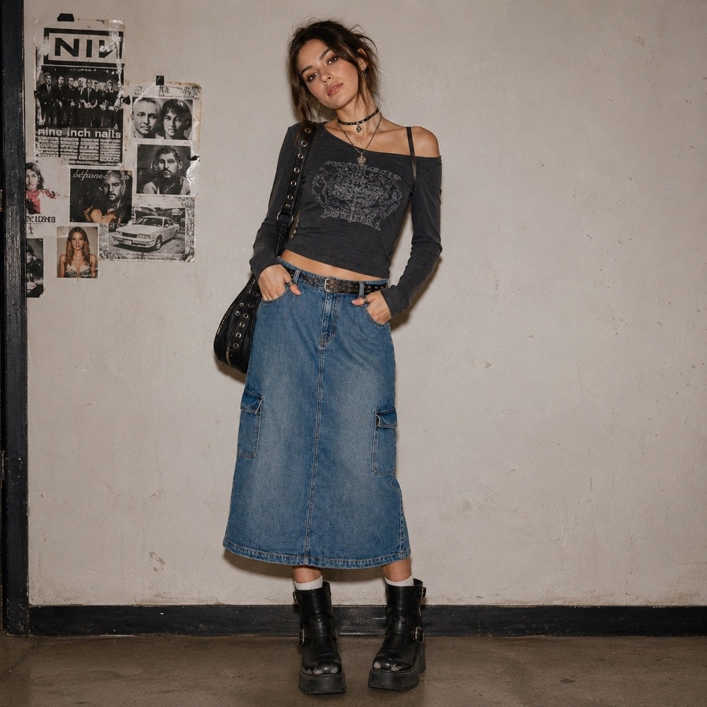 Cloth & Stone Cargo Denim Skirt Women Size 10 Blue Y2K Tencel Utility Streetwear